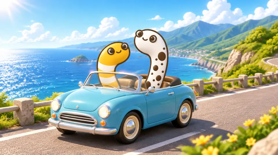 ちんあなごの2匹がオープンカーで海沿いの道を走っている絵